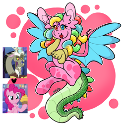 Size: 1200x1200 | Tagged: safe, artist:petaltheartist, imported from derpibooru, discord, pinkie pie, oc, oc:sour bubble tootsie pop, draconequus, cupcake, food, interspecies offspring, offspring, parent:discord, parent:pinkie pie, parents:discopie, third eye