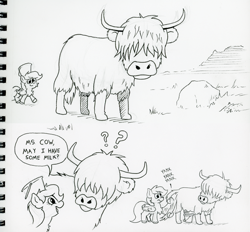 Size: 944x877 | Tagged: safe, artist:lost marbles, imported from derpibooru, derpy hooves, cow, pegasus, pony, black and white, bucket, comic, dialogue, grayscale, highland cow, horns, monochrome, tail, traditional art