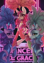 Size: 1353x1920 | Tagged: artist needed, safe, imported from derpibooru, emerald flare, sapphire sequins, sunset circus, earth pony, pony, bedroom eyes, burlesque, clothes, costume, eyeshadow, female, females only, licking, licking lips, looking at you, makeup, mare, plume, show mares, smiling, smiling at you, sultry pose, tongue out, trio