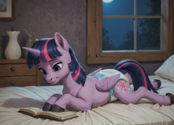 Size: 1696x1216 | Tagged: safe, generator:ponydiffusion, imported from derpibooru, twilight sparkle, alicorn, pony, abdl, ai content, ai generated, bed, bedroom, book, diaper, female, generator:stable diffusion, horn, indoors, lying down, moon, night, non-baby in diaper, prompter:cayuse, reading, solo, solo female, that pony sure does love books, twilight sparkle (alicorn), window, wings