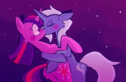 Size: 1229x801 | Tagged: safe, artist:tricky_cannon, imported from derpibooru, trixie, twilight sparkle, pony, unicorn, female, horn, kissing, lesbian, my little pony the movie: the death of twilight sparkle, shipping, stars, twixie