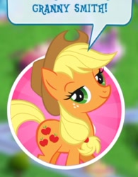 Size: 404x517 | Tagged: safe, imported from derpibooru, applejack, earth pony, pony, gameloft, looking at you, meme, smiling, solo, speech bubble, wow! glimmer