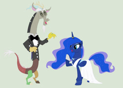 Size: 748x532 | Tagged: safe, artist:marvelous-mystery, artist:selenaede, imported from derpibooru, discord, princess luna, alicorn, draconequus, pony, 2015, base used, clothes, dress, duo, duo male and female, female, horn, horn ring, jewelry, lunacord, male, marriage, needs more jpeg, raised hoof, recolor, regalia, ring, shipping, straight, suit, wedding, wedding dress, wedding ring