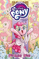 Size: 1400x2125 | Tagged: safe, artist:brendahickey, idw, imported from derpibooru, pinkie pie, crystal pony, earth pony, human, pony, seapony (g4), series:best of my little pony, equestria girls, my little pony: the movie, bow, clothes, comic cover, cover, cover art, crystallized, cute, diapinkes, dorsal fin, female, filly, filly pinkie pie, fin, fish tail, flower, flowing mane, flowing tail, foal, grin, hair bow, high res, mare, multeity, my little pony logo, official, official comic, older, older pinkie pie, open mouth, open smile, rainbow power, rainbow power-ified, seaponified, seapony pinkie pie, smiling, species swap, swimming, tail, toga, younger