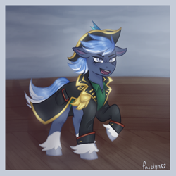 Size: 1250x1250 | Tagged: safe, artist:faielyn, imported from derpibooru, oc, oc:riptide, earth pony, pony, blue mane, boat, clothes, cute, female, fog, hat, looking at you, mare, pirate, sailing, simple background, smiling, uniform, unshorn fetlocks