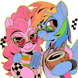 Size: 1280x1280 | Tagged: safe, artist:poneko-chan, imported from derpibooru, pinkie pie, rainbow dash, earth pony, pegasus, pony, arms around neck, coconut cup, duo, duo female, eyebrows, eyebrows visible through hair, female, food, glasses, heart shaped glasses, lidded eyes, looking at you, mare, outline, popsicle, simple background, smiling, smiling at you, straw, white background