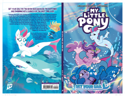 Size: 3236x2492 | Tagged: safe, idw, imported from derpibooru, izzy moonbow, pipp petals, zipp storm, seapony (g4), shark, comic cover, cover, cover art, g5, my little pony logo, my little pony: set your sail, official comic