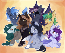 Size: 2281x1883 | Tagged: safe, artist:sunny synopsis, imported from derpibooru, oc, oc:brass tacks, oc:bright eyes, oc:gloomy, oc:lavender, oc:nox, oc:quick tie, oc:riptide, bat pony, earth pony, unicorn, clothes, cute, cute little fangs, daaaaaaaaaaaw, eyepatch, fangs, female, glare, glasses, group, group photo, horn, male, mare, multicolored hair, orange background, simple background, smiling, stallion, sweater, tongue out