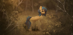 Size: 1280x617 | Tagged: safe, artist:rvsd, imported from derpibooru, oc, oc only, pegasus, pony, clearing, concave belly, forest, nature, outdoors, partially open wings, pegasus oc, solo, tree, wings