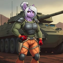 Size: 1024x1024 | Tagged: safe, imported from derpibooru, big bell, anthro, pegasus, series:g.i. pony: a real equestrian hero, afv, ai content, ai generated, backstop, body armor, clothes, cosplay, costume, female, g.i. joe, generator:google imagen 3.0, hand on hip, military uniform, muscles, muscular female, outdoors, prompter:zerowinger, solo, uniform