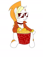 Size: 1200x1670 | Tagged: safe, artist:pony quarantine, imported from derpibooru, oc, oc only, oc:dyx, alicorn, pony, choker, clothes, eating, female, filly, foal, food, jacket, popcorn, popcorn bucket, simple background, sitting, solo, sunglasses, white background