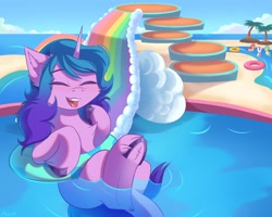 Size: 2048x1638 | Tagged: safe, artist:maxi_ponie, imported from derpibooru, hitch trailblazer, izzy moonbow, sunny starscout, zipp storm, earth pony, pegasus, pony, unicorn, chest fluff, cute, eyes closed, female, g5, happy, horn, inner tube, izzybetes, male, mane stripe sunny, mare, my little pony: tell your tale, open mouth, open smile, pool toy, smiling, solo focus, stallion, the water park, underhoof, water slide, waterparks