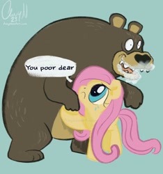 Size: 1426x1524 | Tagged: safe, artist:amynewblue, imported from derpibooru, fluttershy, bear, pegasus, pony, :c, blue background, cocaine, cocaine bear, crying, drugs, female, fluttershy being fluttershy, foaming at the mouth, frown, hug, mare, open mouth, pinpoint eyes, signature, simple background, speech bubble