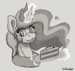 Size: 2013x1909 | Tagged: safe, artist:reddthebat, imported from derpibooru, princess celestia, alicorn, pony, cake, cakelestia, ear fluff, female, food, glowing, glowing horn, gray background, grayscale, grin, horn, looking at you, magic, mare, monochrome, simple background, smiling, smiling at you, solo, sternocleidomastoid, telekinesis