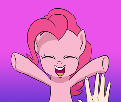 Size: 1458x1231 | Tagged: safe, imported from derpibooru, pinkie pie, earth pony, human, pony, eyes closed, female, incoming hug, mare, teeth, tongue out