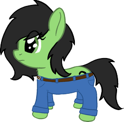 Size: 868x854 | Tagged: safe, artist:craftycirclepony, imported from derpibooru, oc, oc only, oc:filly anon, earth pony, belt, clothes, cute, denim, dog pants, female, filly, foal, jeans, meme, pants, simple background, solo, transparent background