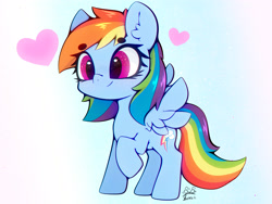 Size: 4000x3000 | Tagged: safe, artist:zokkili, imported from derpibooru, rainbow dash, pegasus, pony, beanbrows, cute, dashabetes, ear fluff, eyebrows, eyebrows visible through hair, female, heart, high res, mare, raised hoof, signature, smiling, solo, spread wings, tail, wings