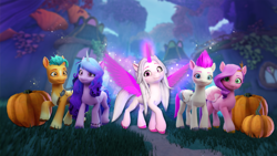 Size: 768x432 | Tagged: safe, imported from derpibooru, hitch trailblazer, izzy moonbow, pipp petals, sunny starscout, zipp storm, alicorn, earth pony, pegasus, pony, unicorn, 3d, alternate design, alternate hairstyle, artificial horn, artificial wings, augmented, bridlewood, diverse body types, forest, g5, horn, magic, magic horn, magic wings, mane five, my little pony: bridlewood rp, nature, nightmare night, official, outdoors, outright games, pumpkin, race swap, roblox, slender, sunnycorn, thin, tree, unshorn fetlocks, wings