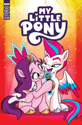 Size: 2063x3131 | Tagged: safe, artist:nanook123, idw, imported from derpibooru, pipp petals, zipp storm, pegasus, pony, spoiler:comic, spoiler:g5comic, spoiler:g5comic20, colored hooves, comic cover, cover, cover art, duo, duo female, female, g5, gold hooves, height difference, high res, hooves, looking at each other, looking at someone, mare, microphone, my little pony logo, neon, official, official comic, open mouth, open smile, pipp is chubby, pipp is short, royal sisters (g5), siblings, silver hooves, sisters, smiling, spread wings, text, unshorn fetlocks, wings