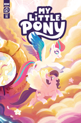 Size: 2063x3131 | Tagged: safe, artist:justasuta, idw, imported from derpibooru, pipp petals, zipp storm, pegasus, pony, spoiler:comic, spoiler:g5, spoiler:g5comic, spoiler:g5comic20, coat markings, comic cover, cover, cover art, female, flying, g5, high res, mare, milkyway, my little pony logo, official, official comic, royal sisters (g5), siblings, sisters, socks (coat markings), spread wings, unshorn fetlocks, wings, wishing well nymph