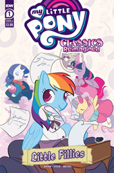 Size: 2063x3131 | Tagged: safe, artist:jenna ayoub, idw, imported from derpibooru, accord, fluttershy, rainbow dash, rarity, twilight sparkle, alicorn, pony, spoiler:comic, clothes, comic cover, cover, cover art, dress, facial hair, high res, little women, moustache, my little pony classics reimagined: little fillies, my little pony logo, official, official comic, quill pen, suit, twilight sparkle (alicorn)