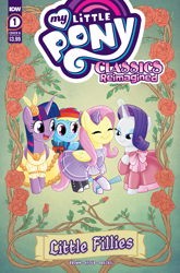 Size: 2063x3131 | Tagged: safe, artist:agnesgarbowska, idw, imported from derpibooru, fluttershy, rainbow dash, rarity, twilight sparkle, alicorn, pegasus, pony, unicorn, spoiler:comic, anniversary, bowtie, clothes, comic cover, cover, cover art, cute, dashabetes, dress, eyes closed, eyeshadow, female, flower, gloves, glowing, glowing horn, high res, horn, little women, magic, makeup, mare, my little pony classics reimagined: little fillies, my little pony logo, official, official comic