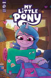 Size: 2063x3131 | Tagged: safe, artist:robin easter, idw, imported from derpibooru, izzy moonbow, pony, unicorn, spoiler:comic, spoiler:g5, spoiler:g5comic, spoiler:g5comic15, blanket, coat markings, comic cover, cover, cover art, female, g5, googly eyes, high res, horn, mare, my little pony logo, official, official comic, scissors, sewing, sewing machine, signature, solo