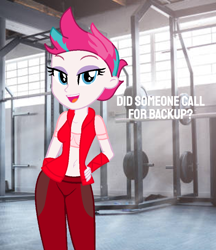 Size: 830x960 | Tagged: safe, artist:robertsonskywa1, imported from derpibooru, zipp storm, equestria girls, arcee, clothes, equestria girls-ified, female, fitness, g5, g5 to equestria girls, g5 to g4, generation leap, leggings, liza koshy, photo, solo, solo female, sports bra, sports outfit, text, transformers, transformers rise of the beasts, voice actor joke, workout