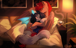 Size: 5000x3167 | Tagged: safe, artist:tyutya, imported from derpibooru, oc, oc:hardy, alicorn, bat pony, pony, blanket, blushing, couch, cup, duo, ear fluff, female, fluffy tail, high res, hug, male, mare, oc x oc, shipping, smiling, spread wings, stallion, straight, tail, teacup, wings