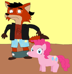 Size: 881x907 | Tagged: safe, artist:darwinfan2000, imported from derpibooru, pinkie pie, oc, oc:kit knightwood, anthro, fox, clothes, female, furry, male, pants, pants down