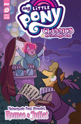 Size: 2063x3131 | Tagged: safe, artist:jenna ayoub, idw, imported from derpibooru, cheese sandwich, pinkie pie, earth pony, pony, cheesepie, comic cover, cover, cover art, female, high res, male, my little pony classics reimagined: romeo and juliet, my little pony logo, official, official comic, romeo and juliet, shipping, stallion, straight