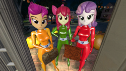 Size: 2560x1440 | Tagged: safe, artist:oatmeal!, imported from derpibooru, apple bloom, scootaloo, sweetie belle, human, equestria girls, 3d, bag, clothes, costume, decoration, doorway, female, gmod, halloween, halloween costume, hand on hip, holding, holiday, jack-o-lantern, jumpsuit, looking at you, night, pumpkin, standing, totally spies, trick or treat, trio, trio female