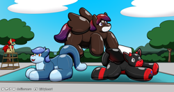 Size: 1066x562 | Tagged: safe, artist:defilerzero, oc, oc only, inflatable pony, pooltoy pony, female, glasses, inflatable, lifeguard, male, mare, stallion, swimming pool