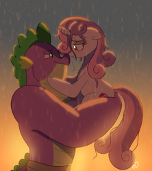 Size: 1280x1439 | Tagged: safe, artist:bearmation, imported from derpibooru, spike, sweetie belle, dragon, pony, unicorn, boop, eye contact, female, gigachad spike, horn, imminent kissing, lidded eyes, looking at each other, looking at someone, male, mare, missing wing, older, older spike, older sweetie belle, rain, shipping, spikebelle, standing in the rain, straight, wet, wet mane, wingless, wingless spike