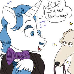 Size: 1280x1280 | Tagged: safe, artist:fancytreats, imported from derpibooru, fancypants, dog, unicorn, borzoi, bowtie, colored sketch, digital art, happy, horn, implied piano, leash, monocle, music, music notes, musical instrument, pet, piano, playing piano, pleading eyes, sketch, sparkles, speech, speech bubble, talking, text, unicorn horn, unshorn fetlocks