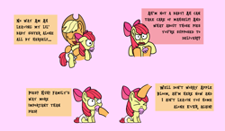 Size: 3505x2048 | Tagged: safe, artist:snowflakepone, imported from derpibooru, apple bloom, applejack, earth pony, pony, somepony to watch over me, adult, comedy, diaper, duo, duo female, female, filly, foal, mare, non-baby in diaper, scene interpretation, simple background, text