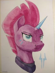 Size: 3000x4000 | Tagged: safe, artist:zocidem, imported from derpibooru, tempest shadow, pony, unicorn, comic:the storm kingdom, armor, horn, simple background, solo, storm king's emblem, tempest gets her horn back, traditional art, watercolor painting