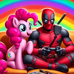 Size: 1024x1024 | Tagged: safe, imported from derpibooru, pinkie pie, ai content, ai generated, controller, couch, deadpool, female, male, marvel, prompter:bluey2309, rainbow, superhero, video game, wrong cutie mark