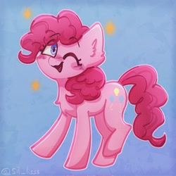 Size: 2048x2048 | Tagged: safe, artist:sil_lisss, pinkie pie, earth pony, pony, abstract background, chest fluff, female, image, looking at you, mare, one eye closed, open mouth, smiling, solo, sparkles, wink, winking at you