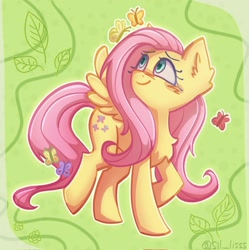 Size: 2043x2048 | Tagged: safe, artist:sil_lisss, fluttershy, butterfly, insect, pegasus, pony, abstract background, chest fluff, female, image, mare, smiling, solo