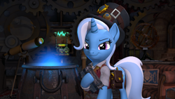 Size: 3840x2160 | Tagged: safe, artist:owlpirate, imported from derpibooru, trixie, pony, unicorn, 3d, 4k, bag, book, cauldron, clothes, female, furrowed brow, gears, hat, high res, hoof hold, horn, indoors, looking at you, mare, saddle bag, smiling, smiling at you, smirk, solo, source filmmaker, steampunk, telescope, top hat, vest