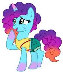 Size: 3470x3972 | Tagged: safe, artist:ejlightning007arts, imported from derpibooru, pony, unicorn, clothes, coat markings, crossed legs, crossover, cute, freckles, g5, g5 to g4, generation leap, horn, misty (pokémon), misty brightdawn, mistybetes, name pun, open mouth, pokémon, raised hoof, rebirth misty, shirt, shorts, simple background, socks (coat markings), solo, suspender, transparent background, vector