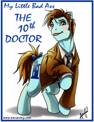 Size: 2153x2786 | Tagged: safe, artist:amelie-ami-chan, imported from derpibooru, part of a set, earth pony, pony, series:my little bad ass, 2011, clothes, david tennant, doctor who, jacket, looking at you, male, necktie, not doctor whooves, part of a series, raised hoof, signature, simple background, stallion, tenth doctor, white background