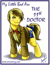 Size: 2153x2786 | Tagged: safe, artist:amelie-ami-chan, imported from derpibooru, part of a set, earth pony, pony, series:my little bad ass, 2011, bow, bowtie, clothes, doctor who, eleventh doctor, jacket, looking at you, male, necktie, part of a series, ponified, signature, simple background, stallion, tail, tail bow, white background