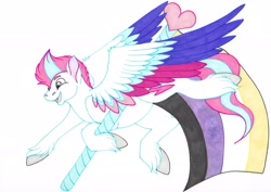 Size: 2048x1452 | Tagged: safe, artist:reskell492, imported from derpibooru, zipp storm, pegasus, pony, colored, colored wings, flying, g5, heart, large wings, leg hold, multicolored wings, nonbinary, nonbinary pride flag, open mouth, open smile, pride, pride flag, simple background, smiling, solo, traditional art, unshorn fetlocks, white background, wings