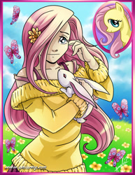 Size: 2153x2786 | Tagged: safe, artist:amelie-ami-chan, imported from derpibooru, angel bunny, fluttershy, human, rabbit, animal, clothes, duo, female, humanized, male, sweater, sweatershy