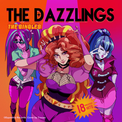 Size: 1447x1447 | Tagged: safe, artist:traupa, edit, imported from derpibooru, adagio dazzle, aria blaze, sonata dusk, human, equestria girls, album cover, anime style, breasts, busty adagio dazzle, cleavage, female, my little pony equestria girls: rainbow rocks, one eye closed, text, the dazzlings, trio, trio female