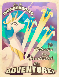 Size: 2153x2786 | Tagged: safe, artist:amelie-ami-chan, imported from derpibooru, princess celestia, soarin', spitfire, alicorn, pegasus, pony, female, male, mare, poster, propaganda, stallion, surprise (g4), wonderbolts