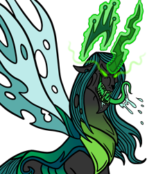 Size: 1461x1536 | Tagged: safe, artist:melspyrose, imported from derpibooru, queen chrysalis, oc, oc:king metamorphosis, evil, evil grin, glowing, glowing eyes, glowing horn, grin, horn, king metamorphosis, rule 63, salivating, sharp teeth, smiling, teeth, tongue out