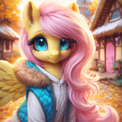 Size: 4096x4096 | Tagged: safe, imported from ponybooru, fluttershy, pegasus, pony, ai content, ai generated, autumn, clothed ponies, clothes, female, looking at you, mare, pink mane, ponyville, solo, winter outfit